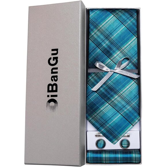 🆕Men Blue Plaid Silk Checkered Necktie Pocket Square Cufflinks Tie Clip Set - Picture 4 of 7